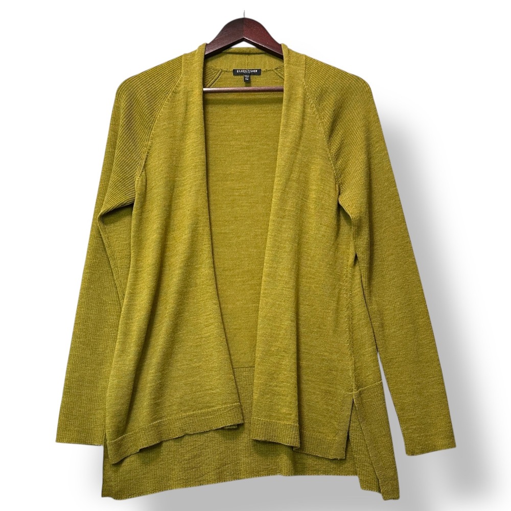Eileen Fisher Women Open Front Merino Wool Cardigan Sz PM Green Minimalist Luxe